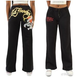 Ed Hardy Skull Flare Sweatpants Love Kills Slow Black Side Pockets Size Small